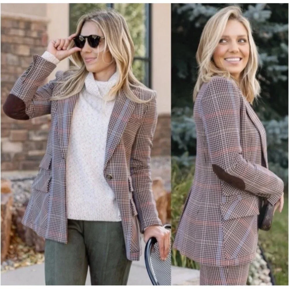 Veronica Beard Women's Destry Suede Trimmed Houndstooth Tweed Blazer Brown 6 - Picture 2 of 10